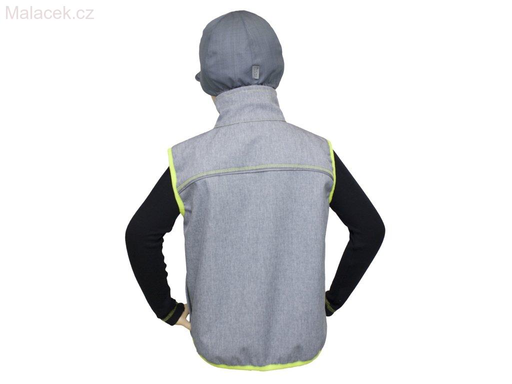 Dětská vesta softshell - šedý melír, žluto-zelené lemovky