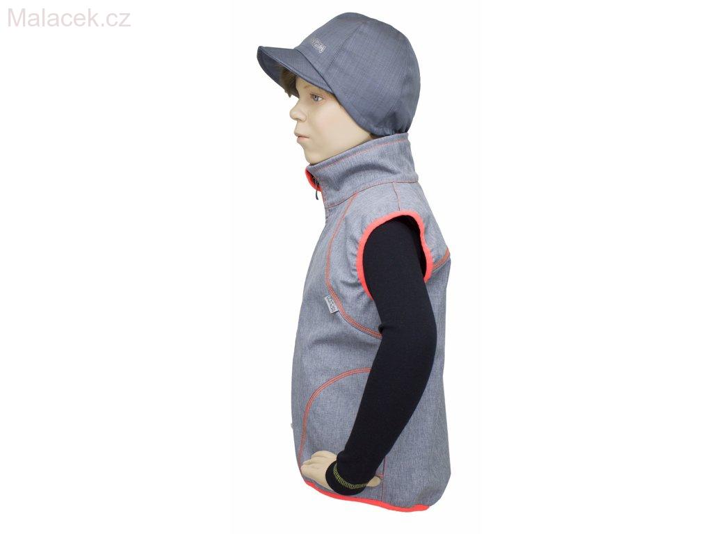 Dětská vesta softshell - šedý melír, signální oranžové lemovky