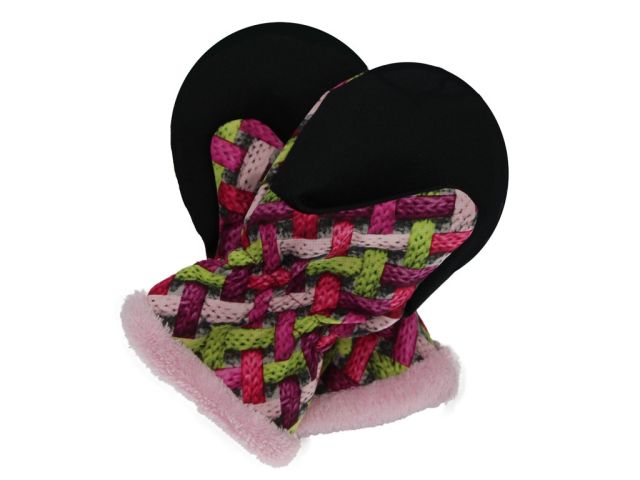 Dětské rukavice SOFTSHELL s kožíškem a cordurou - růžovo-zelené copánky