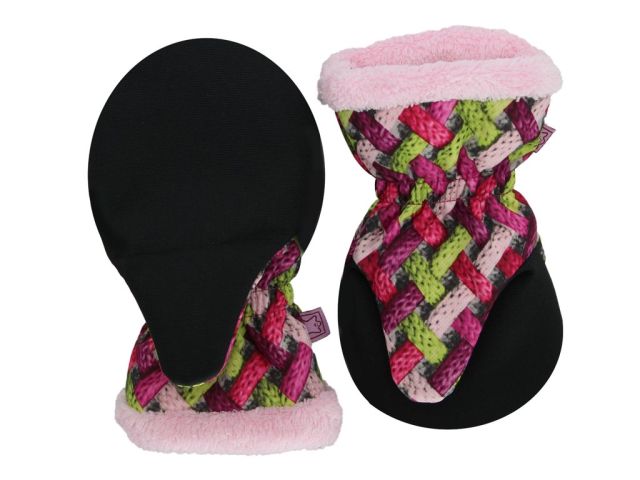 Dětské rukavice SOFTSHELL s kožíškem a cordurou - růžovo-zelené copánky