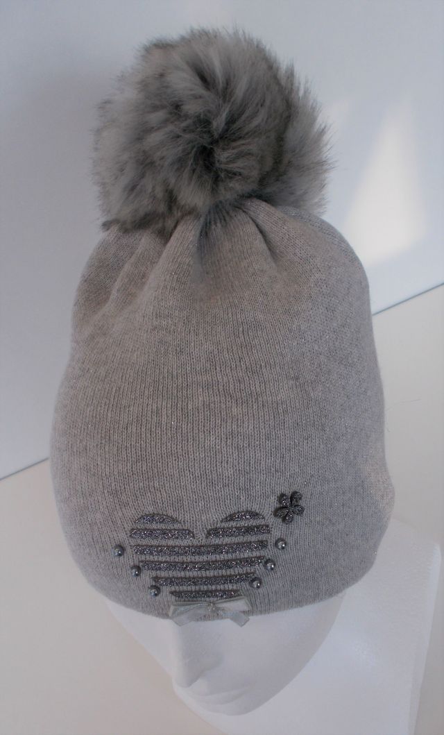 RDX Zimní čepice s kožešinovou bambulí šedo-stříbrná Srdce