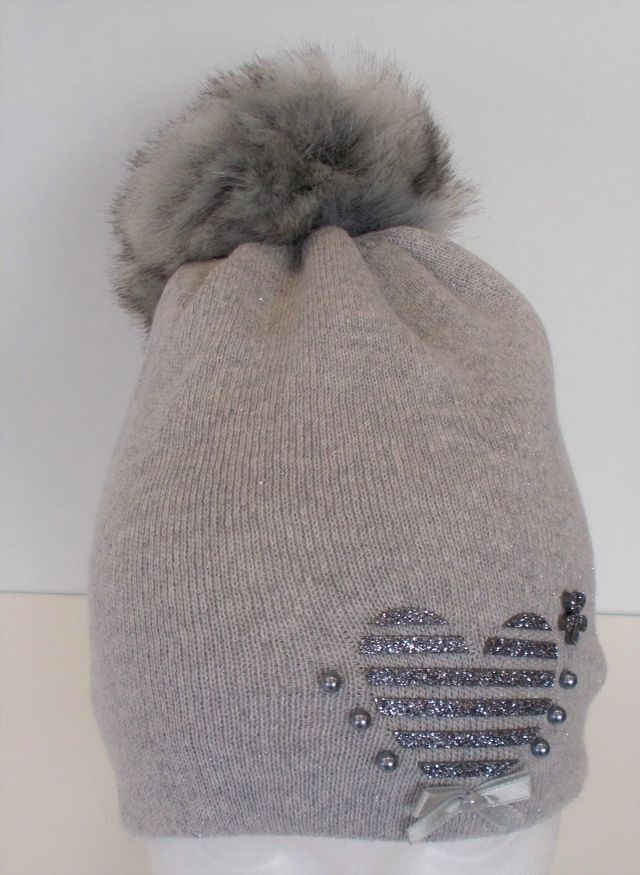 RDX Zimní čepice s kožešinovou bambulí šedo-stříbrná Srdce