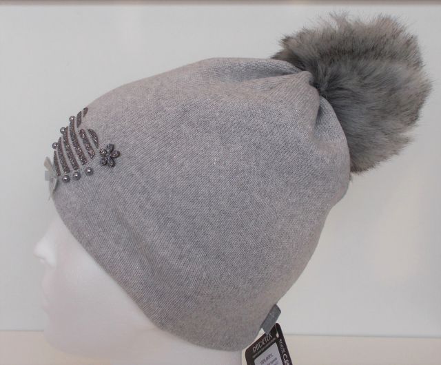 RDX Zimní čepice s kožešinovou bambulí šedo-stříbrná Srdce