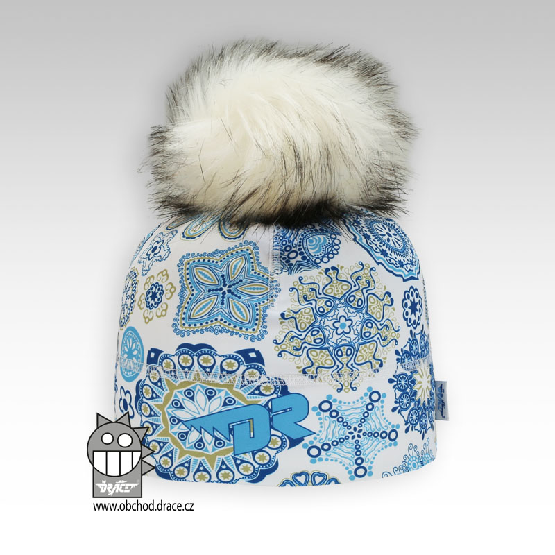 Flavio čepice pro zimní období s chlupatou bambulkou vzor 07, bílo-modrá