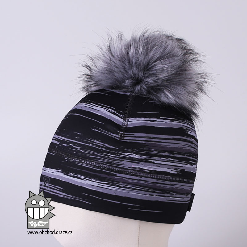 Flavio čepice pro zimní období s chlupatou bambulkou vzor 09, černá, bílo-šedé pruhy
