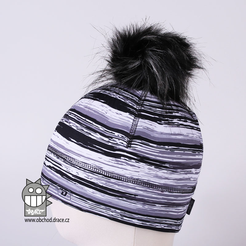 Flavio čepice pro zimní období s chlupatou bambulkou vzor 10, bílá, černo-šedé pruhy