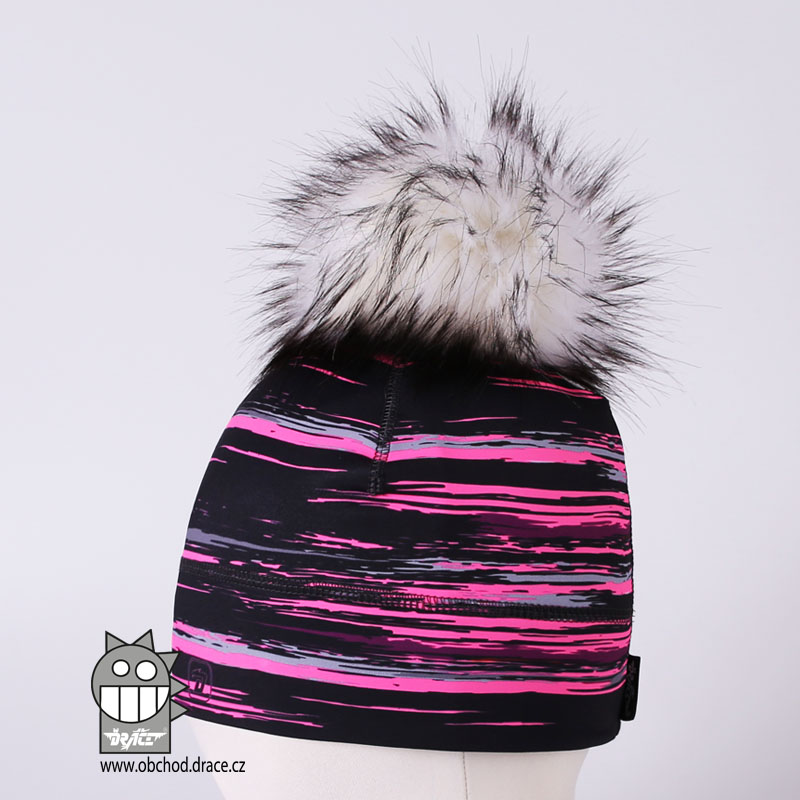 Flavio čepice pro zimní období s chlupatou bambulkou vzor 11, černá, růžové pruhy