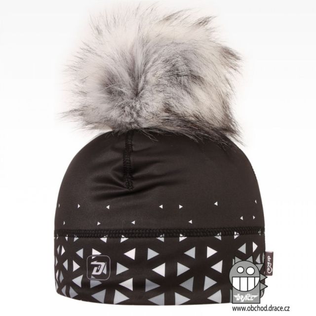 Dráče Flavio čepice pro zimní období s chlupatou bambulkou vzor 24, černá, stříbrné trojúhelníky