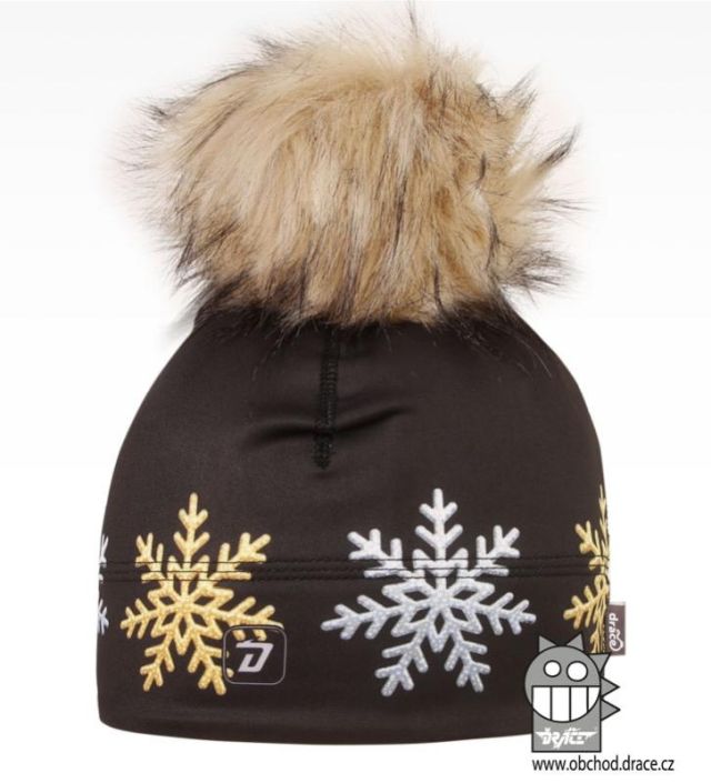 Dráče Flavio čepice pro zimní období s chlupatou bambulkou vzor 25, černá, velké sněhové vločky