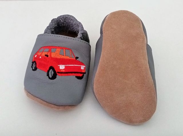 baBice Kožené capáčky barefoot s výšivkou šedá, auto