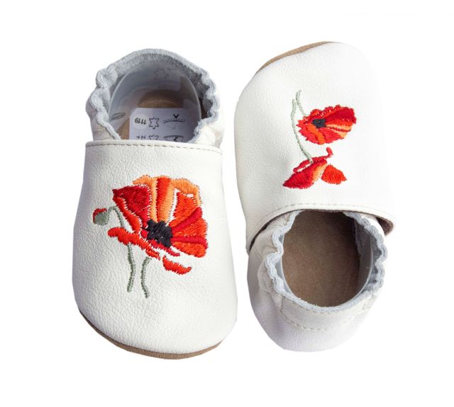 baBice Kožené capáčky barefoot s výšivkou, vlčí máky