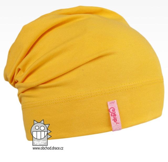 Dráče bavlněná spadlá čepice Polo vzor 01, žlutá, sovičky