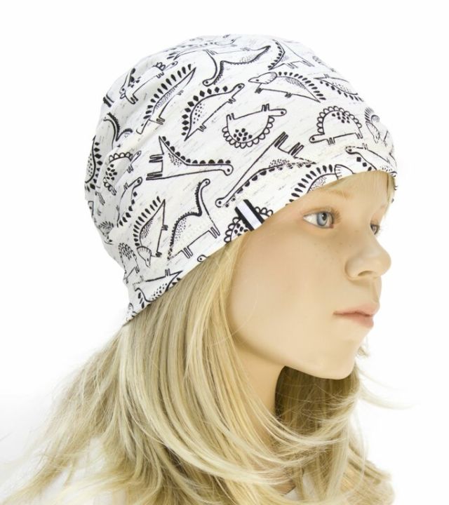 Fantom Delší úpletová čepice černí dinosauři na smetanovém melíru