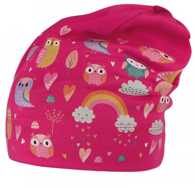 Dráče bavlněná spadlá čepice Pepe vzor 30 - malinová sovy
