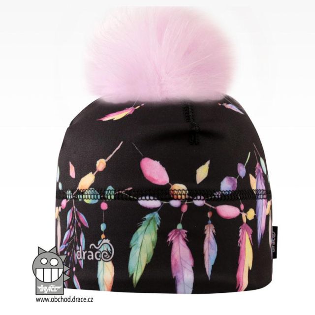 Dráče Flavio čepice pro zimní období s chlupatou bambulkou vzor 14, černá barevná pírka