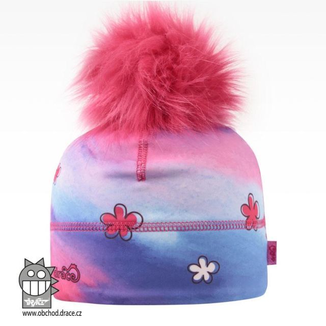 Dráče Flavio čepice pro zimní období s chlupatou bambulkou vzor 18, růžovo-modrá květy