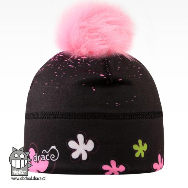 Dráče Flavio čepice pro zimní období s chlupatou bambulkou vzor 13, černá květy