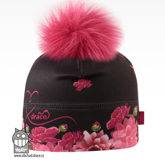 Dráče Flavio čepice pro zimní období s chlupatou bambulkou vzor 12, černá růžové květy