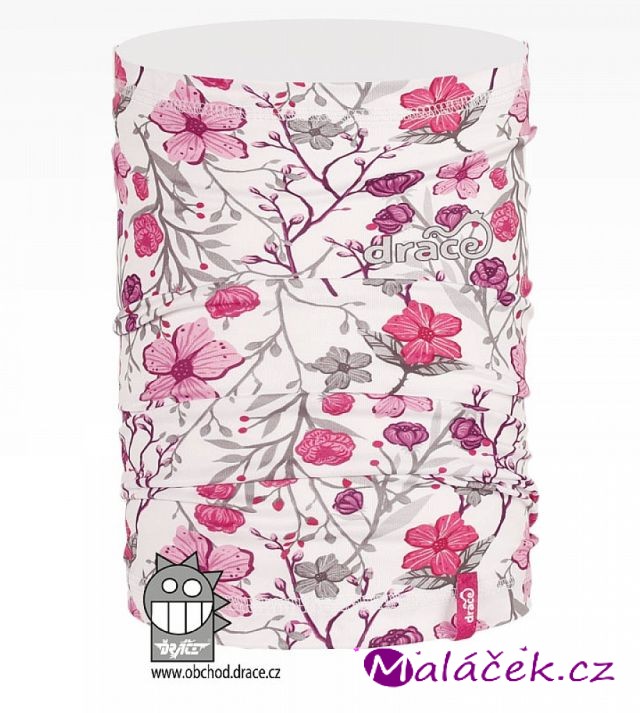 Dráče Nákrčník - multifunkční šátek - vzor 50, bílý s růžovými květy