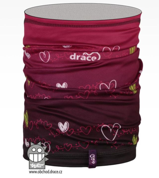 Dráče Nákrčník - multifunkční šátek - vzor 10, vínový, srdíčka