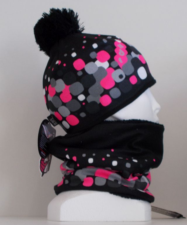 Zimní čepice RDX potisk neon růžové ČTVEREČKY, podšívka MERINO