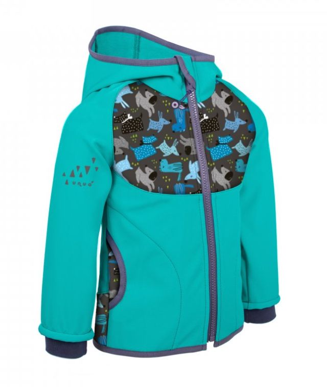 Unuo softshellová bunda s fleecem Pejsci, smaragdová VEL. 104-110