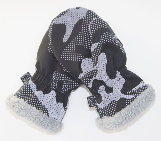 Fantom Dětské softshellové rukavice s kožíškem černé s reflexním potiskem maskáč