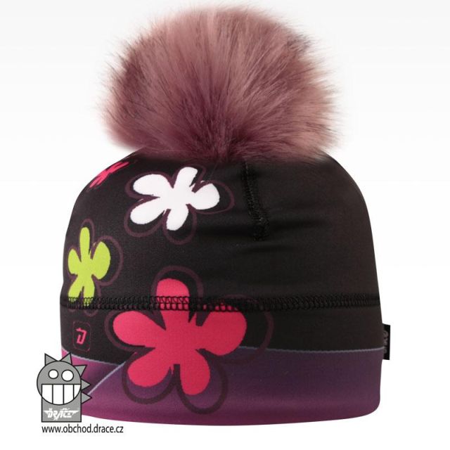 Dráče Flavio čepice pro zimní období s chlupatou bambulkou vzor 16, černá velké barevné květy